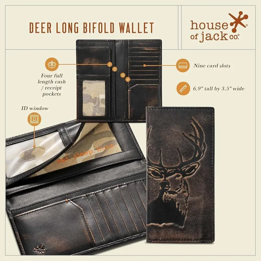 🆕Men Black Co. DEER Long Wallet Full Grain Leather Long Bifold Hunter Wallet